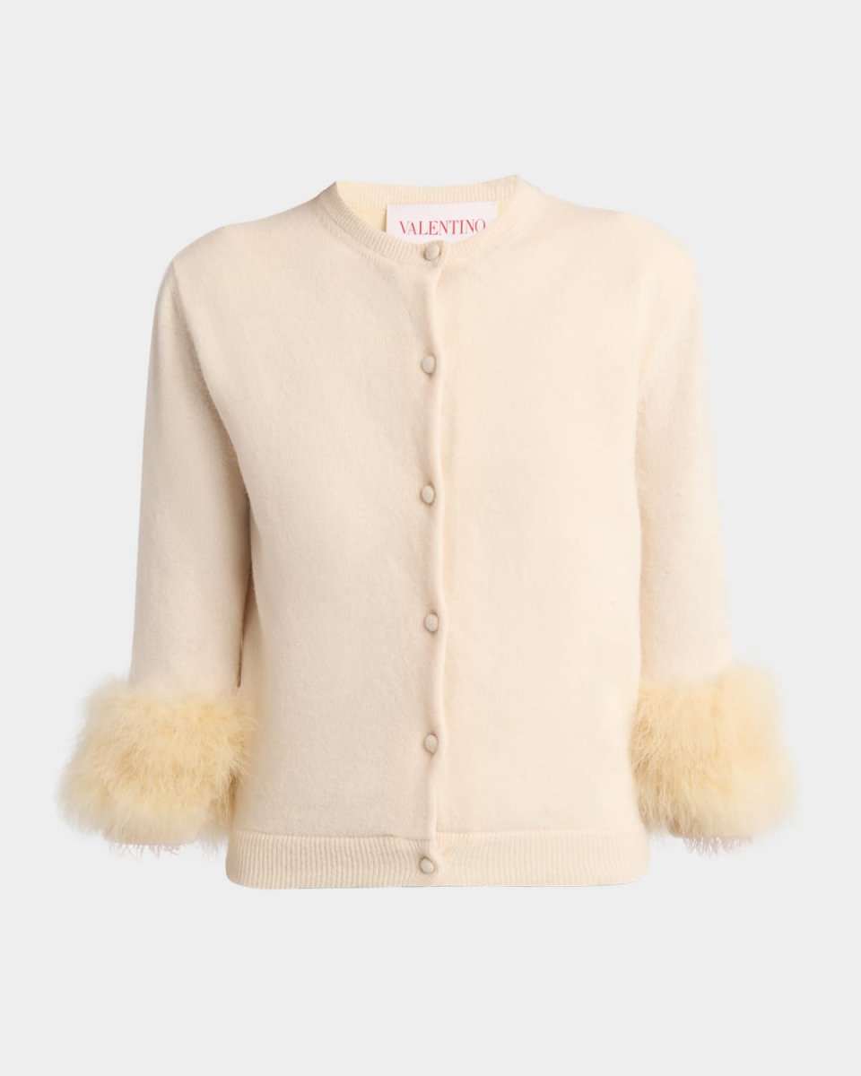 Feather-Cuff Crewneck Cardigan